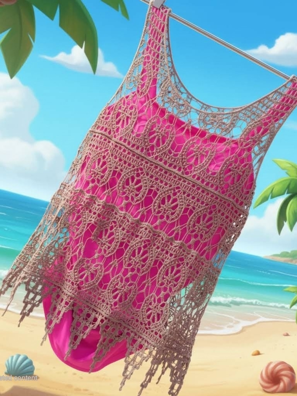 Pink Beach Cover-Up Crochet Overlay Under Swim Tank Is Not  Attached